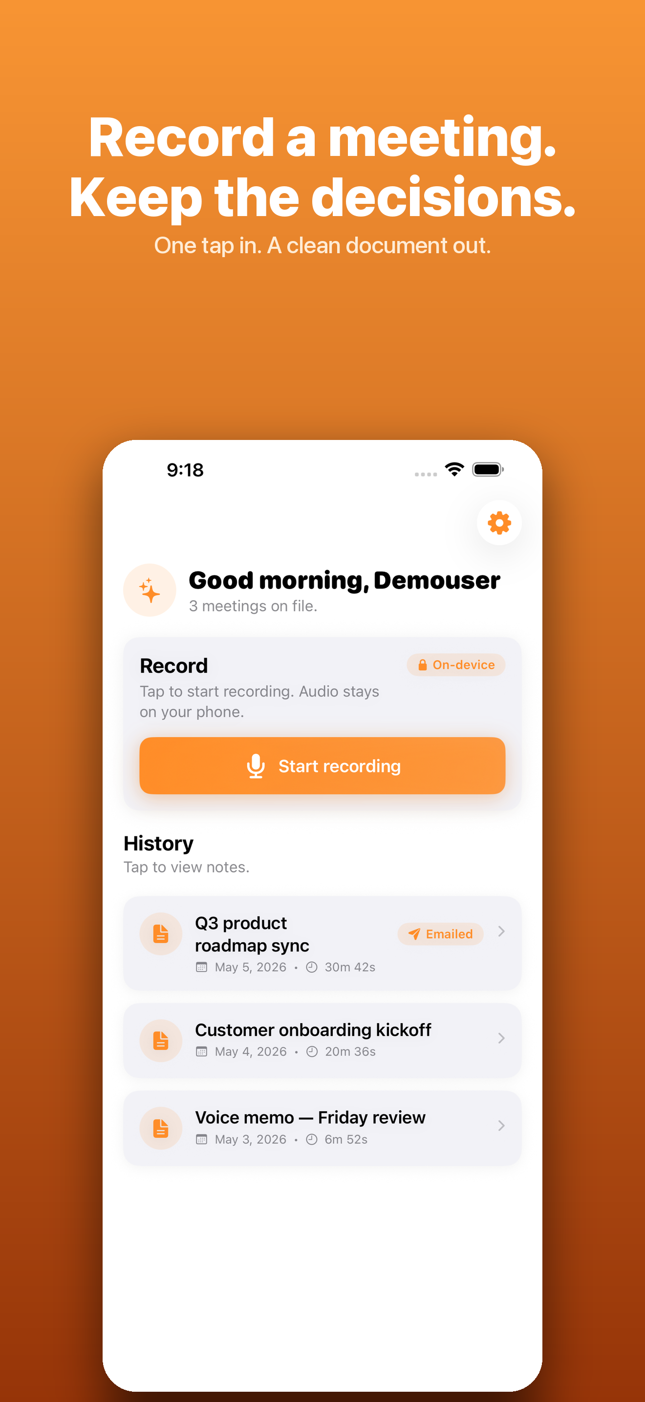 Declutter — one-tap record button on the home screen