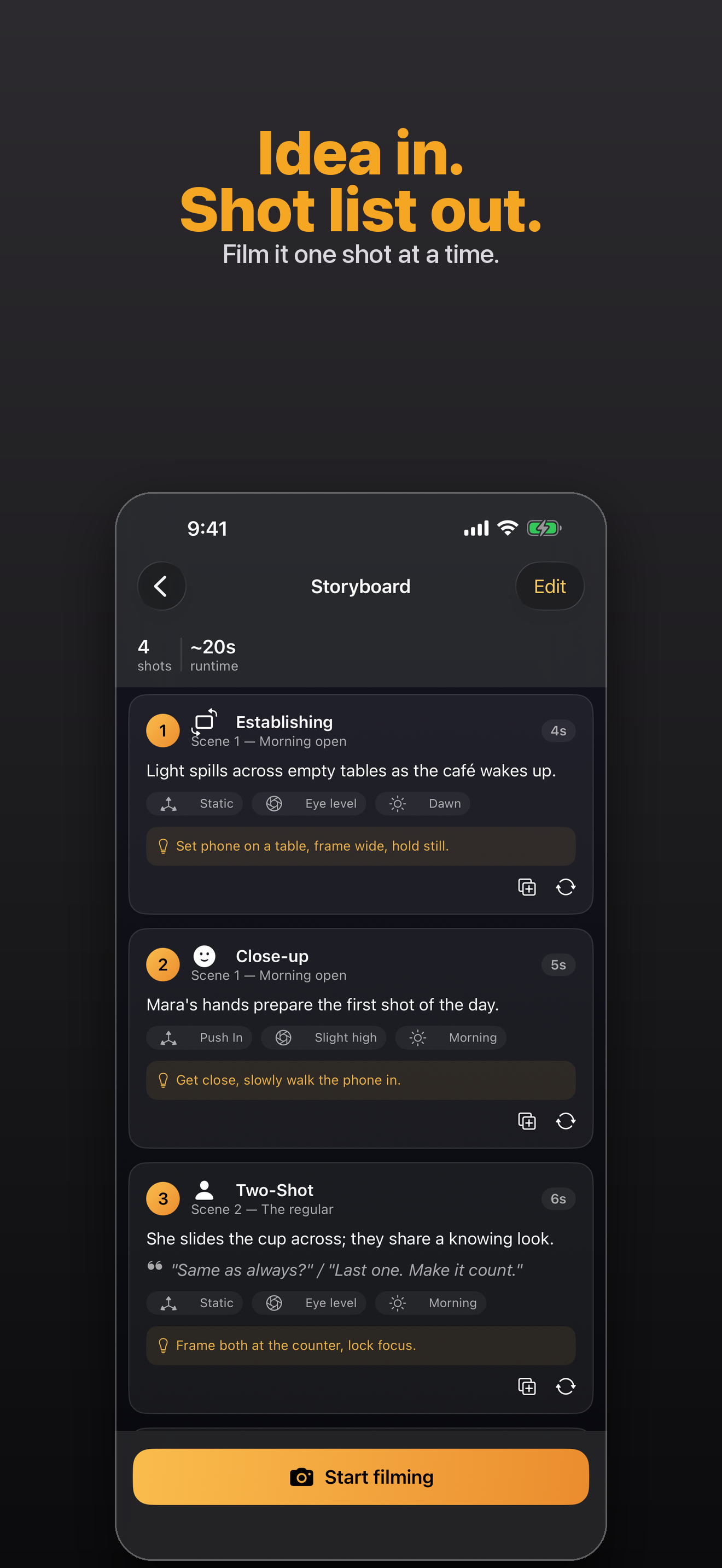 Slate — a numbered storyboard shot list generated from your idea