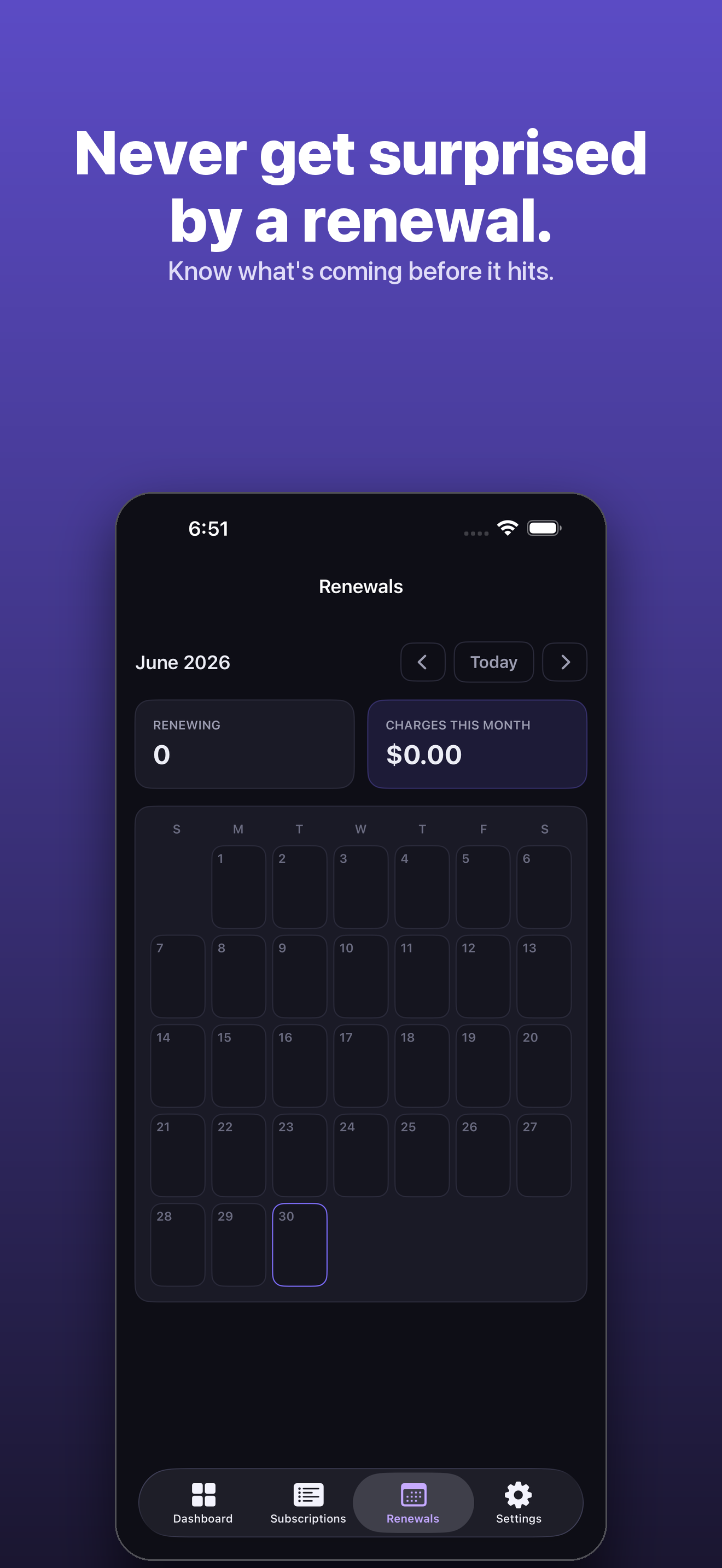 SubLedger — renewal calendar of upcoming charges